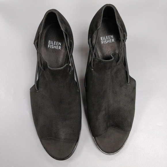 $235 EILEEN FISHER Nikki Peep Toe Sandal Booties Block Heel Black Leather 9.5 - Picture 3 of 10